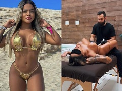 Lays Peace aparece sem roupa em uma cena onde está recebendo uma massagem sensual e sendo estimulada pelo homem