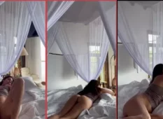 Fernanda Mota Farhat sem roupa na cama exibindo sua buceta atraente