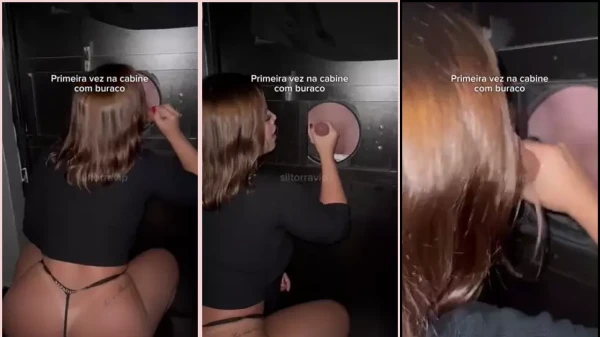 Silmara Nogueira fazendo boquete em um estranho no glory hole para o marido assistir