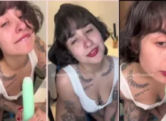 Martina Olvr ensinando técnicas orais em um vibrador fino e pequeno